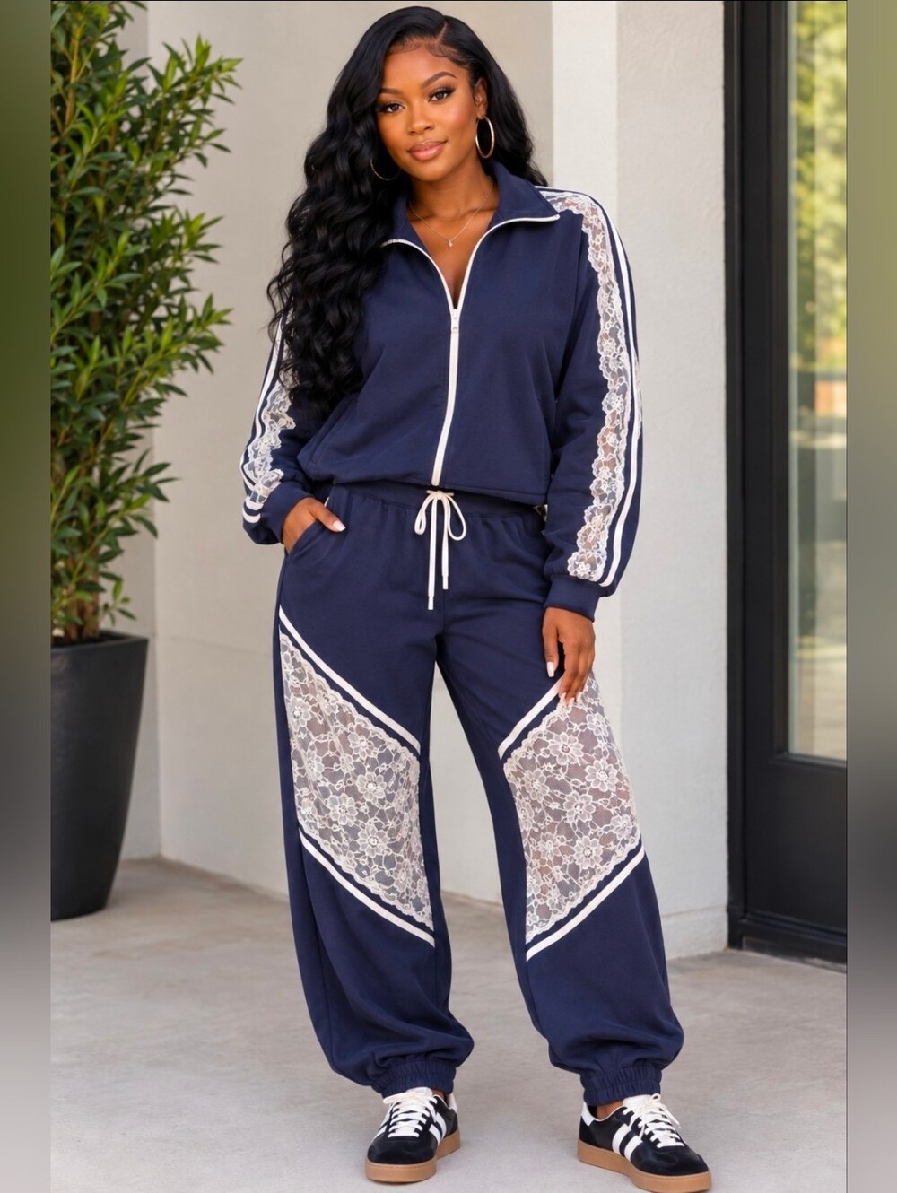 NEW!! Davi & Dani Jacket and Pant Set in Navy With Lace Embroidery, Sz 2X, NWT